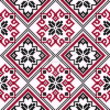 Ethnic Ukrainian geometric broidery in hues of black and red on the light pink background, seamless vector pattern