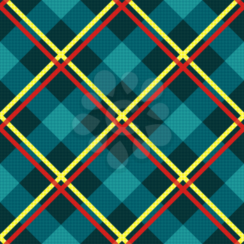 Diagonal seamless vector fabric pattern mainly in turquoise hues with contrast red and yellow lines