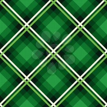 Diagonal seamless vector fabric pattern mainly in emerald hues with contrast lines