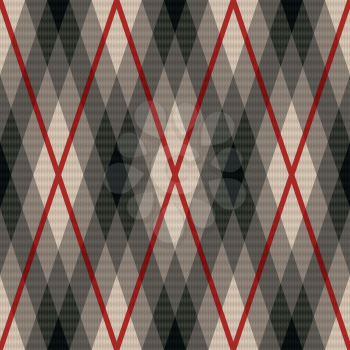 Rhombic seamless vector fabric pattern in gray color with soft muted hues and with red lines