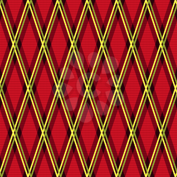 Rhombic seamless vector fabric pattern mainly in red color with green and yellow lines