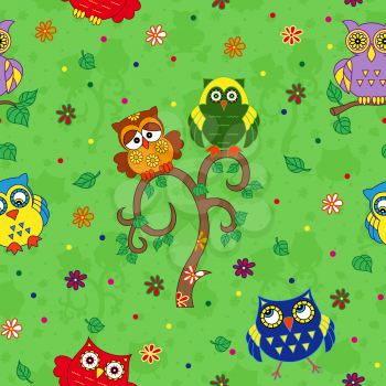 Funny colourful owls on the green background with many stylized simple owls, seamless cartoon vector pattern