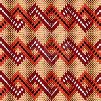 Knitting seamless vector pattern with zigzag ornamental chains as a knitted fabric texture in beige, brown, orange, white and black colors