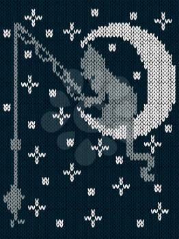 Fishing cat sitting on the moon on the background of dark blue sky with stars, childish knitting fabric vector pattern in muted hues