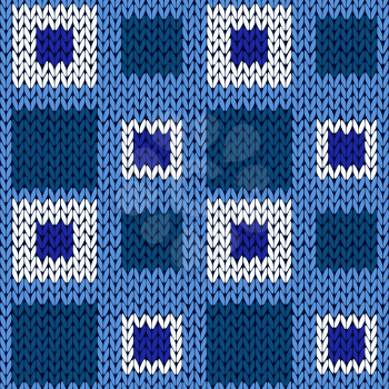 Seamless knitting geometrical vector pattern with symmetrical square cells in blue and white colors as a knitted fabric texture 