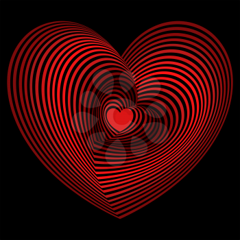 Small red heart into the lot of concentric heart shapes on the black background, vector artwork