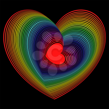 Red heart into the lot of concentric spectrum color heart shapes on the black background, vector artwork