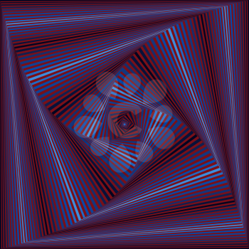 Concentric square shapes forming the sequence with swirl pseudo 3D effect, abstract vector pattern in red and blue hues
