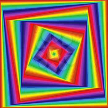 Concentric square shapes forming the sequence with swirl pseudo 3D effect, abstract vector pattern in multicolor spectrum hues