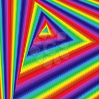 Concentric triangle shapes forming the sequence with swirl pseudo 3D effect, abstract vector pattern in multicolor spectrum hues
