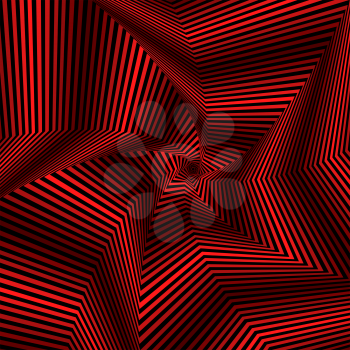 Concentric pentagonal star shapes forming the digital sequence with swirl pseudo 3D effect, abstract vector pattern in red and black color