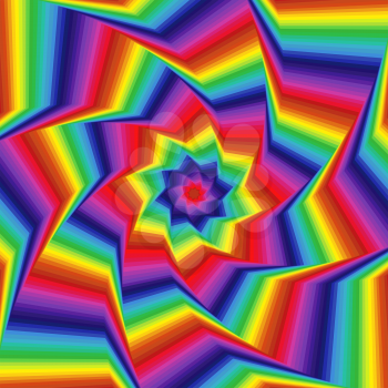 Concentric octagonal star shapes forming the digital sequence with swirl pseudo 3D effect, abstract vector pattern in spectrum colors