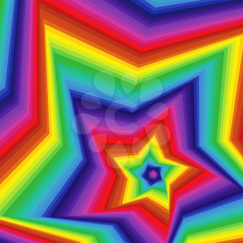 Concentric five-pointed star shapes forming the digital sequence with swirl pseudo 3D effect, abstract vector pattern in spectrum colors