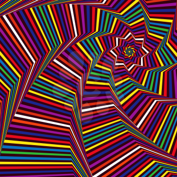 Concentric octagonal star shapes forming the digital sequence with swirl pseudo 3D effect, abstract vector pattern in many colors