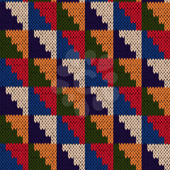 Knitted motley geometric background in blue, red, green, orange and beige colors, seamless knitting vector pattern as a fabric texture