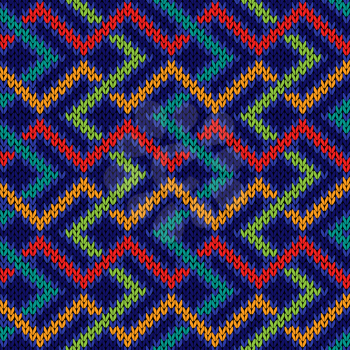 Knitted background in red, green, blue, orange and turquoise colors, seamless knitting vector pattern as a fabric texture