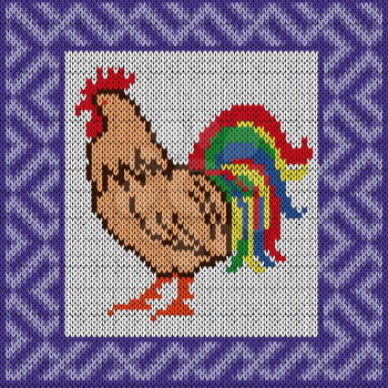 Arrogant Red Rooster with multicolor tail in blue ornamental frame, knitted vector pattern as a fabric texture