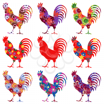 Set of nine roosters, one in red colour and others with colourful motley flowers, vector illustrations isolated on the white background