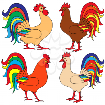 Set of four various colourful roosters, vector illustrations isolated on the white background