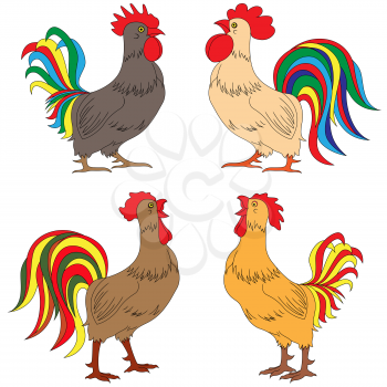 Set of four various colourful amusing roosters, vector illustrations isolated on the white background
