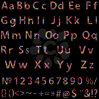 Extended alphabet with colourful flowery letters, digits and signs isolated on the black background, vector artwork