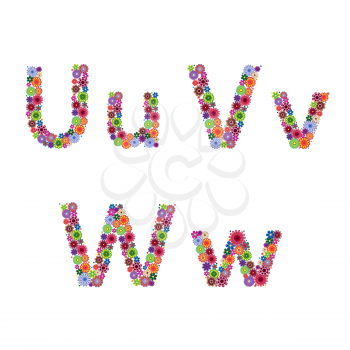 Alphabet part with many colourful flowery letters U, V, W isolated on the white background, vector artwork