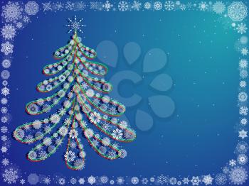 Blue background with garland illumination on Christmas Tree with lot of lacy white snowflakes and with many ornate white snowflakes framed around