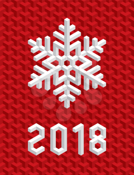 Christmas Card with White Isometric 3D Snowflake on Christmas Red Background. Editable Vector EPS10 Illustration for New Year Decoration 2018.