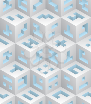 White blue cubes isometric seamless pattern. Vector tileable background. Blockchain technology concept.