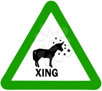 Royalty Free Clipart Image of a Unicorn Crossing Sign