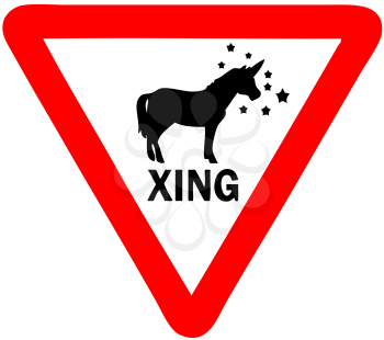 Royalty Free Clipart Image of a Unicorn Crossing Sign