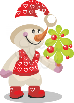 Royalty Free Clipart Image of a Snowman holding a Tree