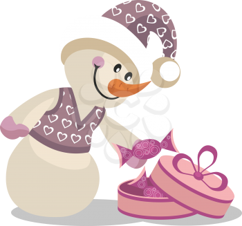 Royalty Free Clipart Image of a Snowman Opening a Present