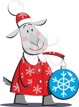 Cartoon goat in Santa Claus costume holding Christmas toy isolated on white background, vector illustration 01