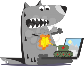 Cartoon panzer firing on wolf with laptop isolated on white background, vector illustration 01