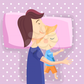 Happy mom and son sleep together. Vector illustration