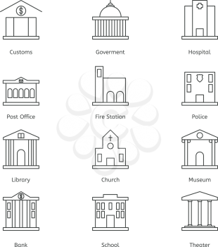 Government building icons set of police museum library theater isolated flat design vector illustration