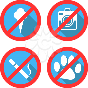 Forbidding Vector Signs No Dog or Pets, No Ice-cream, No Smoking and No Photo. Vector