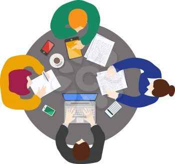 Flat style office worker business management on the round table in top view vector illustration