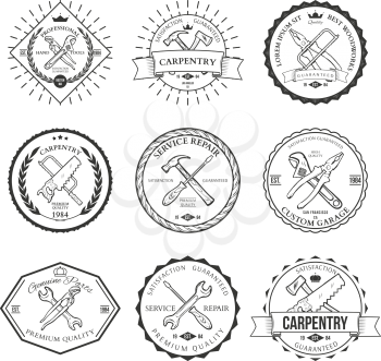 Set of vintage carpentry hand tools, repair service, labels and design elements vector