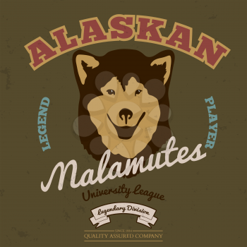 Alaskan malamute club. Tee graphic. Vector. Grunge effect on separate layer
