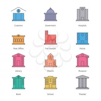 Government building icons set of police museum library theater isolated flat design Vector illustration