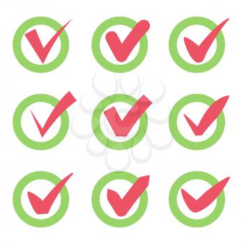 Check mark icons. Red tick check marks in green circles. Vector illustration