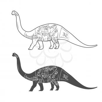 Dinosaurs illustration with cut scheme on white background. Vector illustration