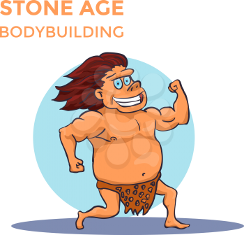 Hand Drawn Cartoon Stone Age Cave Man Shows His Biceps. Vector illustration