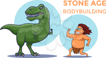 Cartoon Stone Age Bodybuilding competition. Cave Man versus Tyrannosaurus. Vector illustration