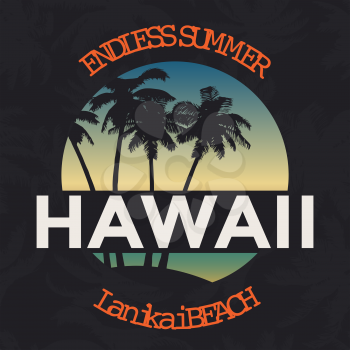 Hawaii beach tee print with palm tree. T-shirt design graphics stamp label typography. Vector illustration
