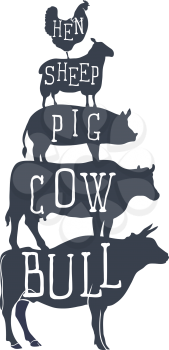 Farm animals, vector icons. silhouette of chicken, sheep, cow and bull. Vector illustration