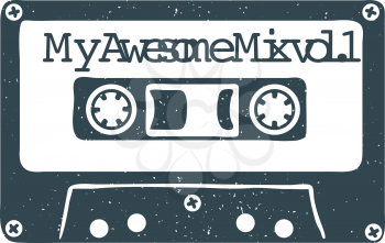 Hand drawn 90s themed badge with audio cassette tape textured illustration and My Awesome Mix vol.1 inspirational lettering. Vector illustration