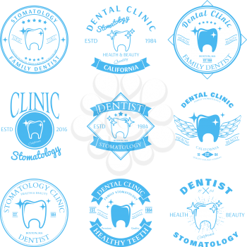 Set of dental clinic logo templates. Dental labels with sample text. Dental icons for stomatology, dentist and dental care clinics. Vector logotype design. Vector illustration